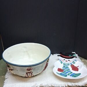 "Make the season Bright" Snowman Bowl & platter